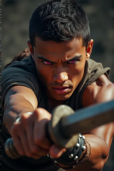 Young man with brown skin, short dark brown hair and pink eyes Fiusha . Close up in fighting pose and with a sword.