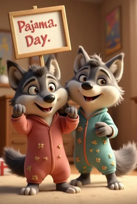 Un petit loup 3D de Disney en pyjama avec un autre loup qui tient une affiche inscrit journee en pyjama 