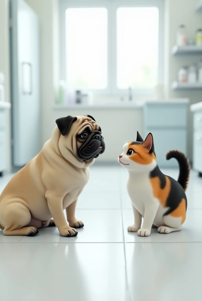 Pug interacting with a tricolor cat at the veterinary clinic 