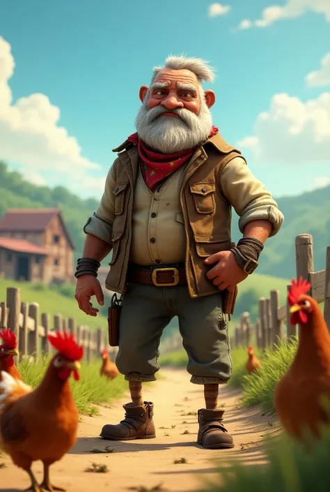  create the character doSantos from the chicken in feathers, Old Renegon with a wooden leg on a farm ,  animated