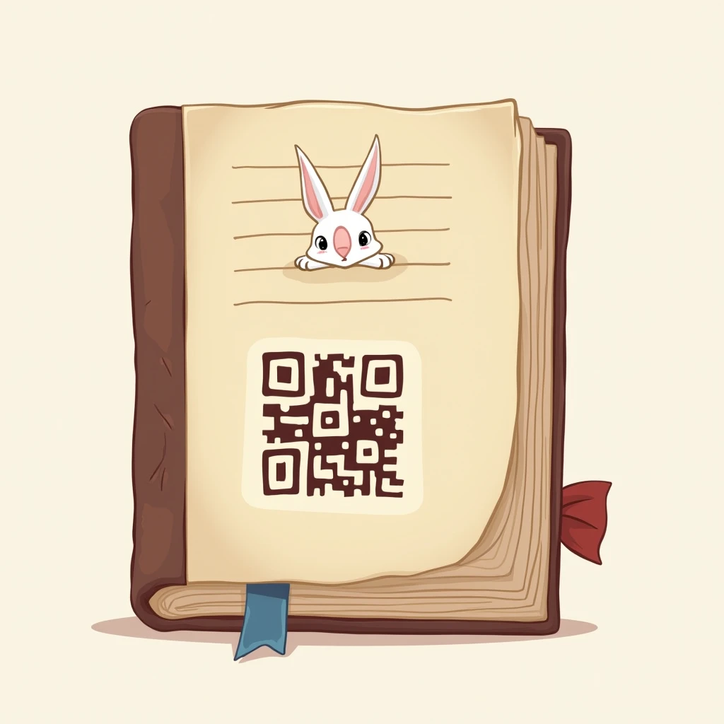 a printed ren`s history book icon with a little bunny on its cover and aQR code by a side