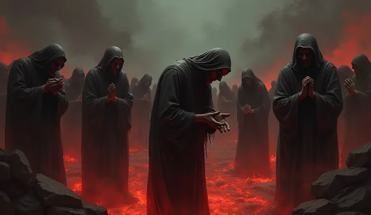  Draw a deep expression of regret on the faces of the inhabitants of hell.  Some may bow their heads or hold their heads ,  feel desperate for their chance to have been covered , regret bad choices in the past .