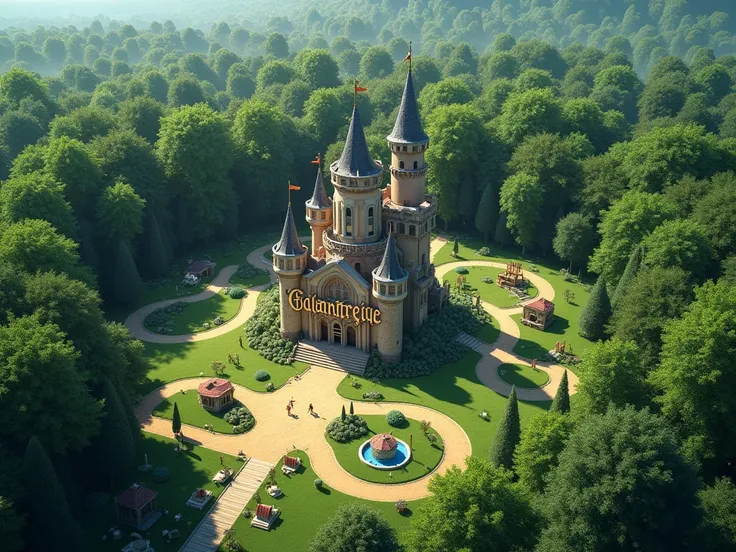 An aerial shot of a forest with a small recreational park castle that has letters that read” CALANTERIQUE" From an aerial shot 