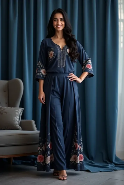 A beautiful young Pakistani woman long black hair smiling face huge breast wearing a dark blue floral kurti and trouser and sandles standing elegantly one hand on her hip background blue curtains in luxury apartments 