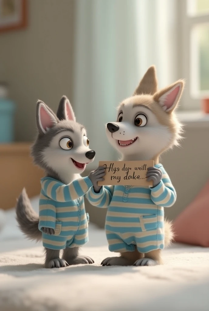 Un petit loup 3D de Disney en pyjama avec un autre loup qui tient une affiche 