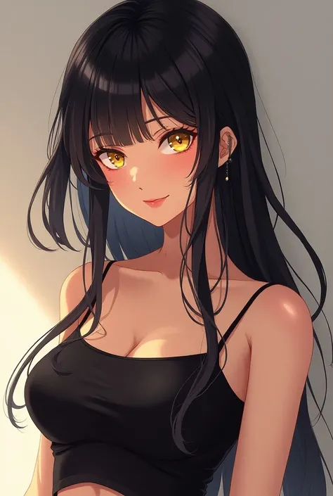 1girl, Smile, Long Hair, Black Hair, Yellow Eyes, Breasts, Anime, Anime Style, Sexy, Black top dress