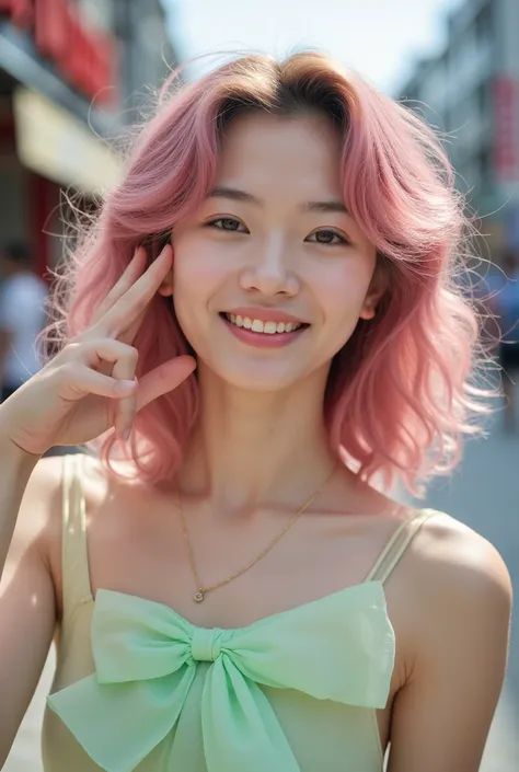 A Chinese girl with curly pink hair in a white dress， Fair and lovely face with delicate light makeup ，Pink blush ， Smart eyes with red makeup ，The mouth is slightly open to show teeth， with a camera in her hand ， A light green gradient bow hanging on her ...