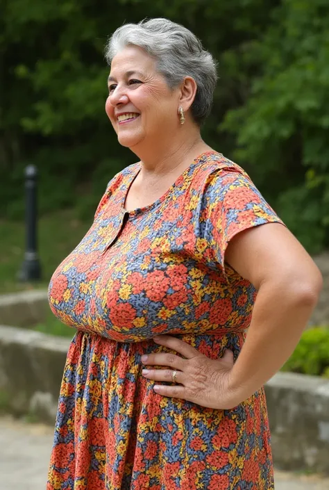 A real photo of a mature grandmother with huge full breasts, detailed face, graying hair, happy smile, colorful flare skirt shirtwaist dress, profile view, sharp focus, profile view, fully clothed, huge round breasts, over-the-shoulder shot, full body