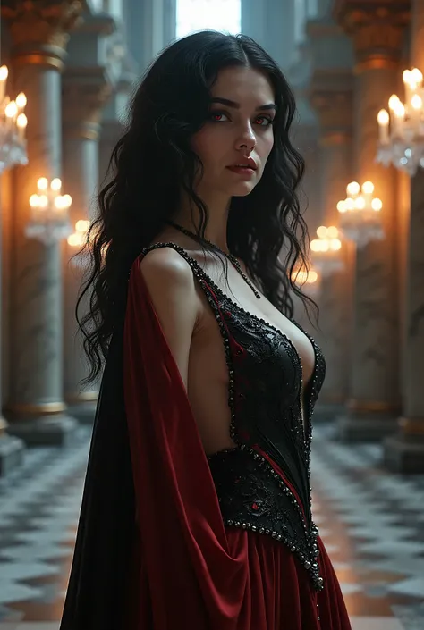 She is standing in the main hall of the palace, radiating an aura of absolute power and seduction. Seus cabelos negros como a noite caem em cascata sobre seus ombros, contrasting with her pale, flawless skin. His blood red eyes shine brightly, reflecting h...