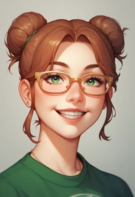 A young lady of around 50 years old with reddish brown hair,  that is bound in a bun with light waves , wears gold glasses .  She has smile lines and a beautiful ,  subtle smile with well-groomed teeth .  Her brown-green eyes radiate warmth ,  and sits nex...