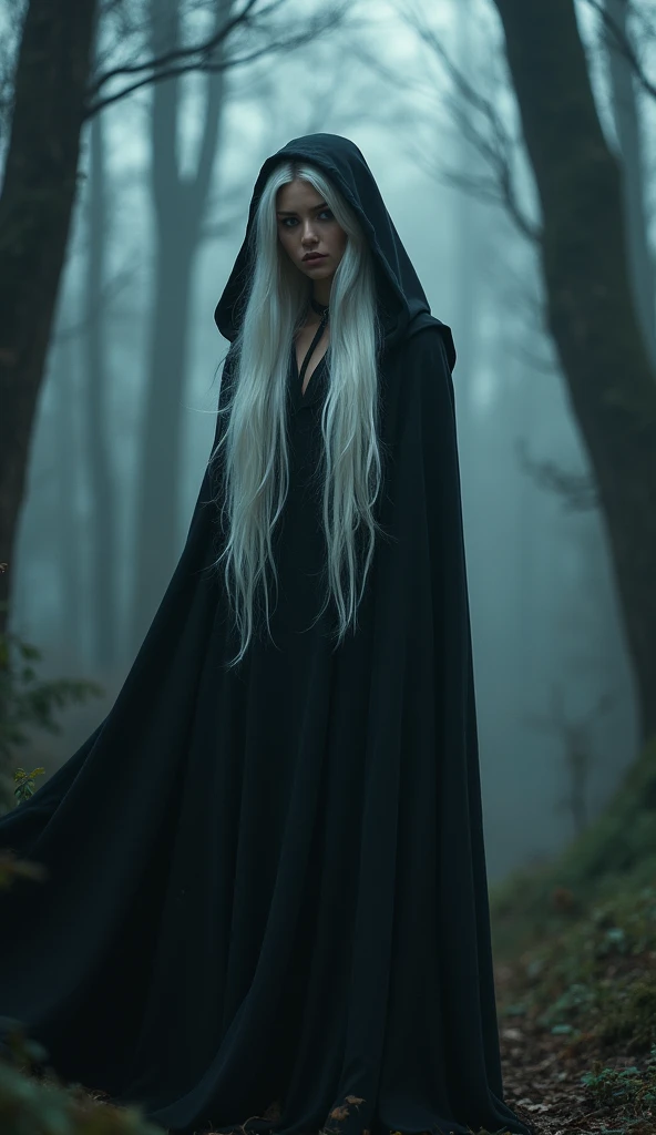 arafed woman in a black dress standing in a dark forest, woman in a dark forest, with long white hair, eerie moorlands behind her, witch in the woods, in a cloak with long hairs, with white long hair, long flowing white hair, standing in a dark forest, bea...