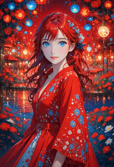 Girl in a natural night setting wearing a red dress with bright red hair and blue eyes in a background of a setting full of all kinds of emoticons
