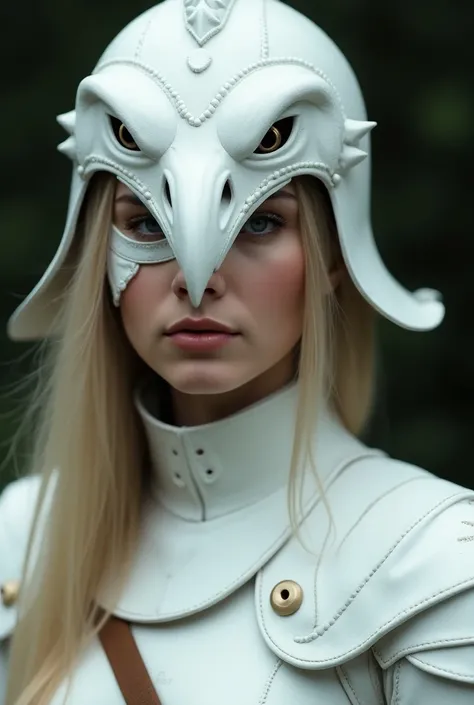 A beautiful blond woman wearing white medieval armor and a falcon-shaped medieval helmet, the helmets nose is covering the eyes , The helmet only allows you to see your mouth and you can see your eyes through the visor, She wears a white eye mask. front po...