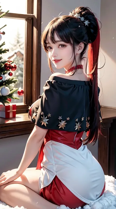 masterpiece,  Best Quality, night, Star, Off-Shoulder Pop-Up Christmas Dress、Red Ponytail Long Hair 、snow、Christmas tree、snowman 