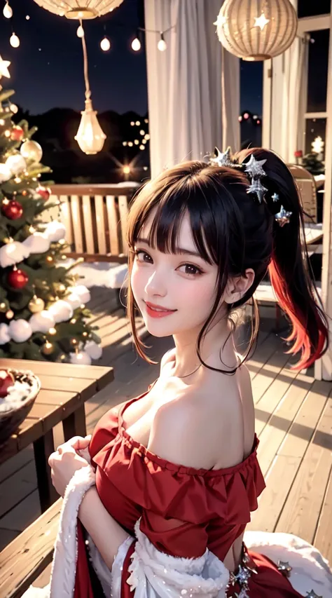 masterpiece,  Best Quality, night, Star, Off-Shoulder Pop-Up Christmas Dress、Red Ponytail Long Hair 、snow、Christmas tree、snowman 