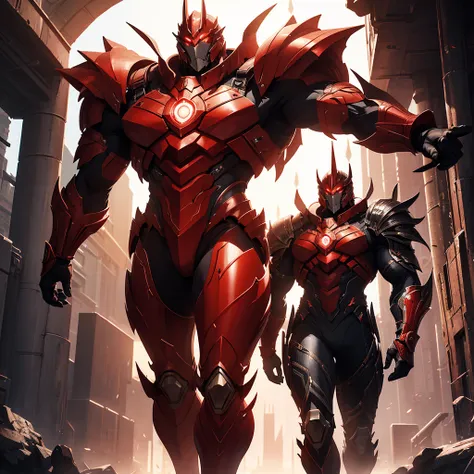 A muscular man wearing an imposing futuristic armor inspired by grand medieval armors, the armor emanating red energy, standing in a futuristic sci-fi environment, cinematic lighting, highly detailed, 8K, photorealistic, concept art style, dramatic, dynami...