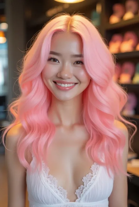 a vibrant and photorealistic wide-angle shot of a blonde woman with a playful smile, wearing a pastel pink wavy wig in a stylish hair shop, an Asian woman presenting her additional colorful wig options, modern and sleek salon decor with polished shelves an...