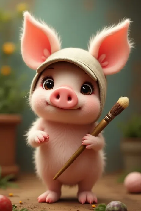 a piglet with bunny ears ,  wearing a cap and holding a brush