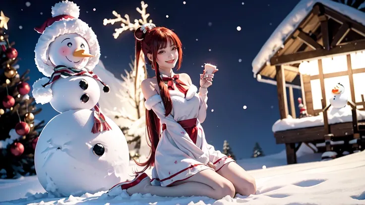 masterpiece,  Best Quality, night, Star,Bubblegum Christmas Dress 、 Red Ponytail Long Hair、snow、Christmas tree、snowman 