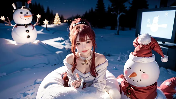 masterpiece,  Best Quality, night, Star,Bubblegum Christmas Dress 、 Red Ponytail Long Hair、snow、Christmas tree、snowman 