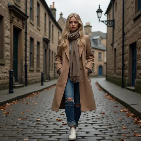 A photorealistic image :    BLONDE WOMAN,  with honey-colored eyes , medium long hair ,   golden skin with a thin and defined waist  .   a full-bodied woman on a cobblestone street in Scotland.  around it,  there are historic stone buildings ,  common in S...