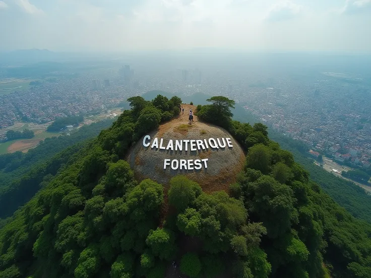  An aerial shot of a forest on a peak with letters that read  "CALANTERIQUE FOREST  " in Spanish (untranslated)  from a stone you can see down the entire city with few buildings from a very high aerial view