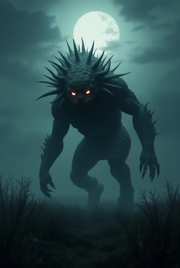 
" A sinister creature with an alien appearance , similar to a Chupa-Goat ,  with thorns on its back and scaly skin .  The environment is an open field , In the midst of darkness,  with a cloudy sky and moonlight creating an atmosphere of suspense and fear...