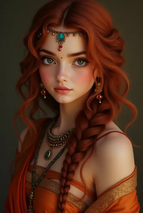   An Indian princess with reddish and wavy hair, To you, pale skin,  dark grey eyes , tender, But looks like 24  , braid, sari, bindi
