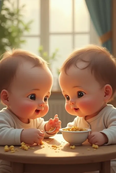 Two babies sitting around a meal 