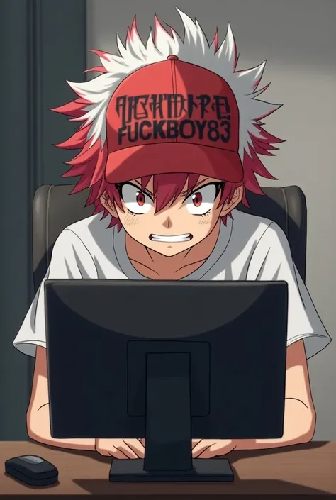 Animated Todoroki with white and red hair wearing a cap with the name spelled fuckboy83 watching tweet from his sitting computer
