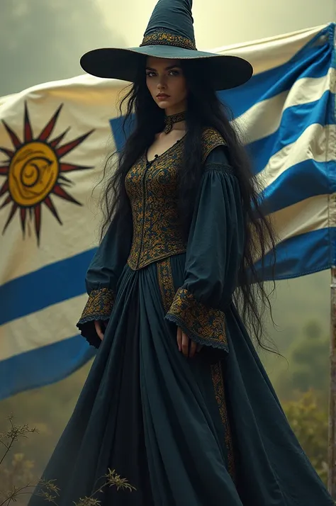 A witch, long hair, tall hat, antique dress and an Uruguayan flag.