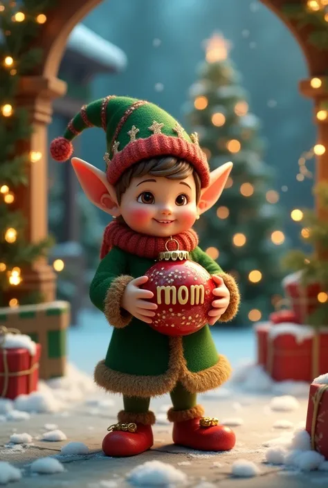 Create an image with a Christmas background with an elf with a Christmas ball spelled Mom