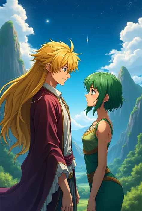 yellow long hair man and green short hair woman anime
