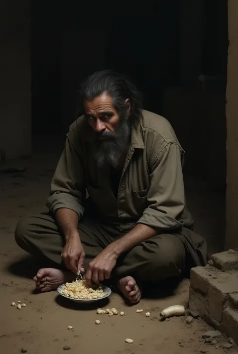 A poor man with a bit of a black-haired beard eating lupin skin on the floor