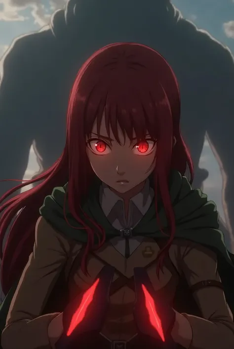  Screenshot of Shingeki no Kiojin . 
 Girl with long red hair . Has bangs. 
 She has phosphorescent red eyes she has a serious expression .  She wears the uniform of the legion of exploration . In the background there titans .  And in both her hands she ca...