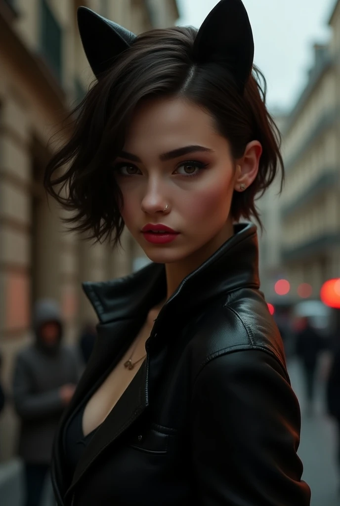  A girl with dark brown hair short on her shoulders,  brown eye , clear cheekbones , straight snub nose ,  sharp profile angles , plump lips,  black thick and moderately wide eyebrows , thin build,  thick eyelids and beautiful elegant almond eyes ,  Paris ...