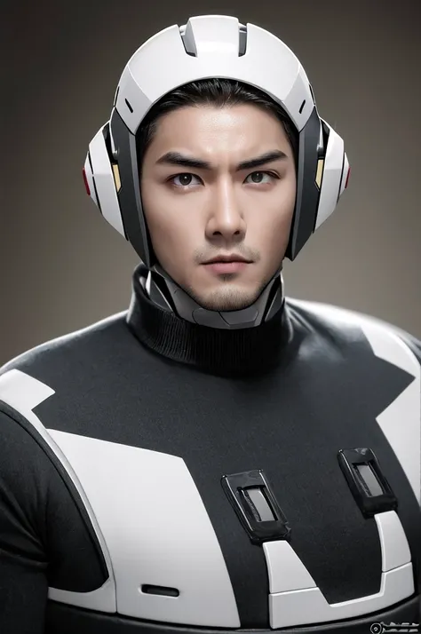 **this is an image of a handsome muscular man with a robotic head, in the style of intense gaze, sumatraism, tilt-shift photography, exotic realism, mechanical designs, heistcore