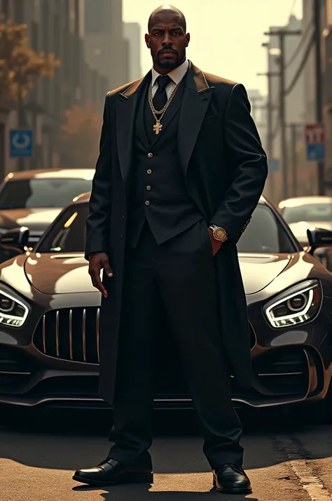 Generate a black mafia gang with big cars in the background and the leader in front 