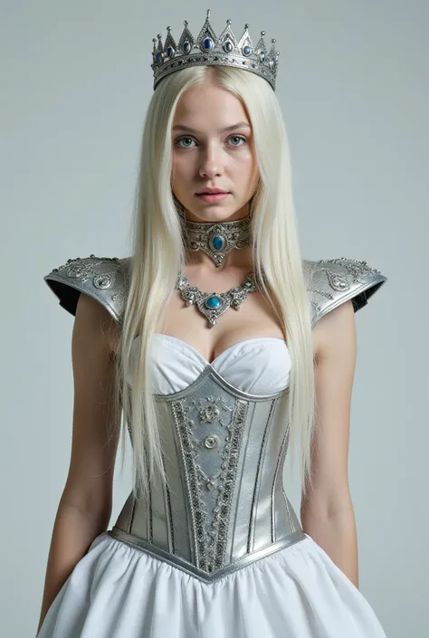 female,long white hair, blue eyes and eyelashes, and pale skin. She wears a white dress with four-layered silver shoulder pads, a silver crown with blue stones, and a necklace of the same color. She has a silver and white corset