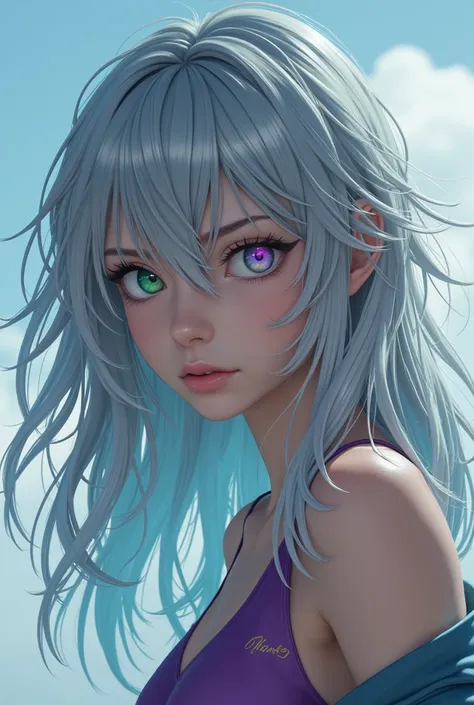 woman Japaneese She is short, slender, and athletic. Her hair is long, wavy, and a shiny silver color, with the ends slightly fading to a pastel blue. Her hair is messy as if its dancing in the wind, giving her a free and wild air. Her eyes are large and s...