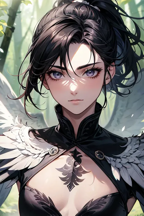 Beautiful, One, 1 Male, Wings of the Raven,  medium hair ,  black hair in a small ponytail, shaved scales ,  grey eyes ,  close-up anime art ,  pretty face ,  high detail , 8 k,  detailed arms ,  correct anatomy , In the forest