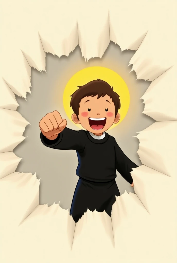  Saint Vincent de Paul animated boy breaking a paper with his fist that covers everything and that he comes out in the breakup, That Im not upset but happy
That the fist sticks out in the shape of a soft forward blow showing the knuckles 
What is Saint Vin...