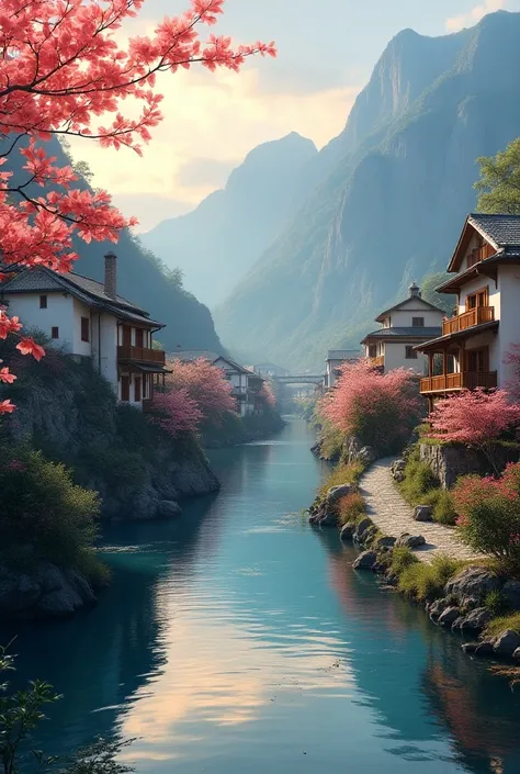  a small village by the river，Mountains in the background，Flowers in bloom，Bright colors， Detailed Scenery ，Beautiful natural landscape，Mood lighting，Scorching sunset，Warm colors，practical，practical摄影，Delicate leaves，Complex buildings， cobblestone streets ...