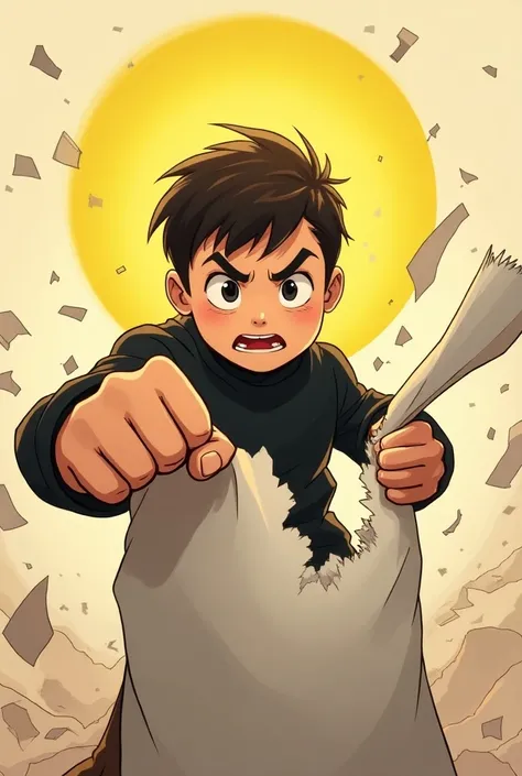  Saint Vincent de Paul animated boy breaking a paper with his fist that covers everything and that he comes out in the breakup, That Im not upset but happy
That the fist sticks out in the shape of a soft forward blow showing the knuckles 
What is Saint Vin...