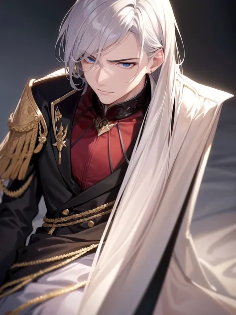 Hyper-realistic, ultra-detailed anime-style, source_anime, portrait illustration of a young, mysterious man with an imposing presence. He has short, bright silver hair, styled with subtle waves and a sophisticated fringe that elegantly frames the angular f...