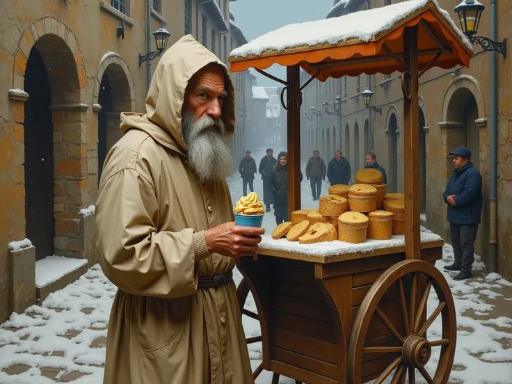 A middle-aged Caucasian ice cream vendor with a hooked nose, small eyes, thick eyelids, and a thick gray beard, wearing a sepia-beige hooded jumpsuit made of handmade linen, stands next to a rustic wooden ice cream cart with wooden wheels and a canvas roof...