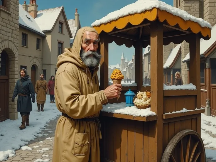 A middle-aged Caucasian ice cream vendor with a hooked nose, small eyes, thick eyelids, and a thick gray beard, wearing a sepia-beige hooded jumpsuit made of handmade linen, stands next to a rustic wooden ice cream cart with wooden wheels and a canvas roof...