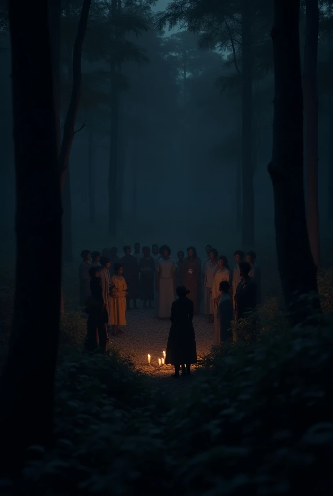 Some black African people gathering in the woods, they are standing, drone view, realistic shot, dark night scene