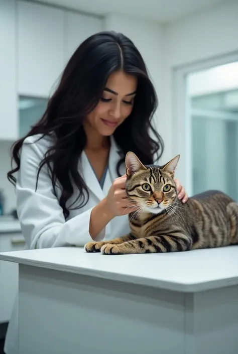 Latin veterinary woman with long , wavy and black with a tabby cat without white spots on short hair


