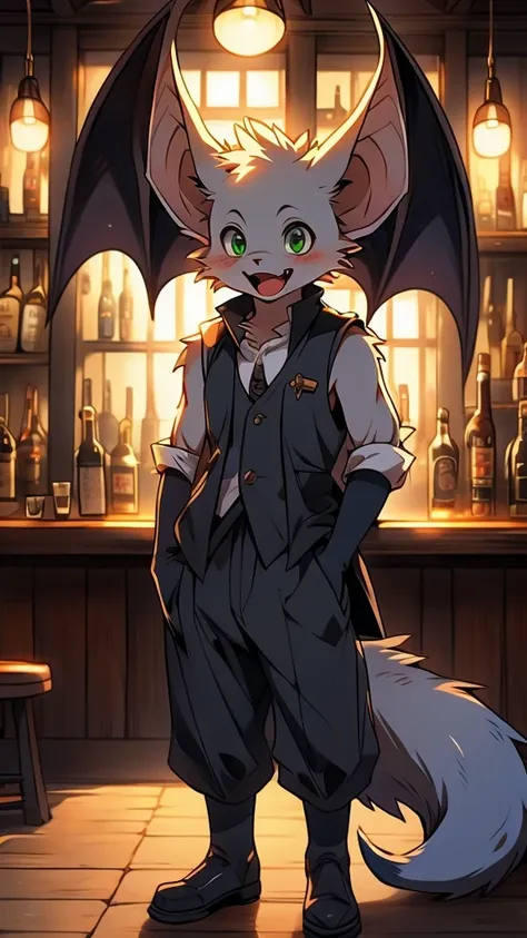 Anime, black bat, bat wings, animal, anthropomorphic, solo, no humans, big ears, green eyes, tiring expression, mens pants, no boots, sleeveless jacket, bartender, mens clothing, big tail, ghibli style art, smile, closed mouth, mouth details, eyes details,...